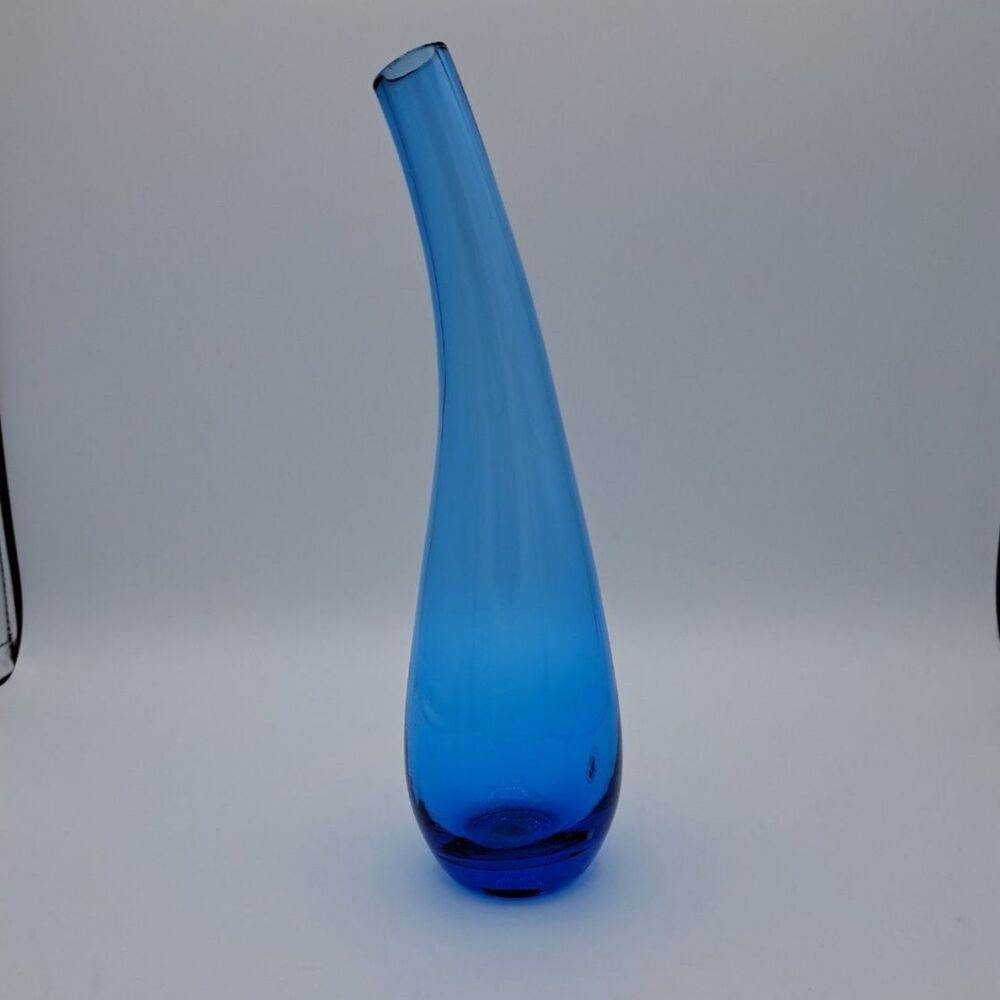 Vintage Hand-Blown Cobalt Blue Bud Vase Bent Neck Scandinavian Sold by IKEA